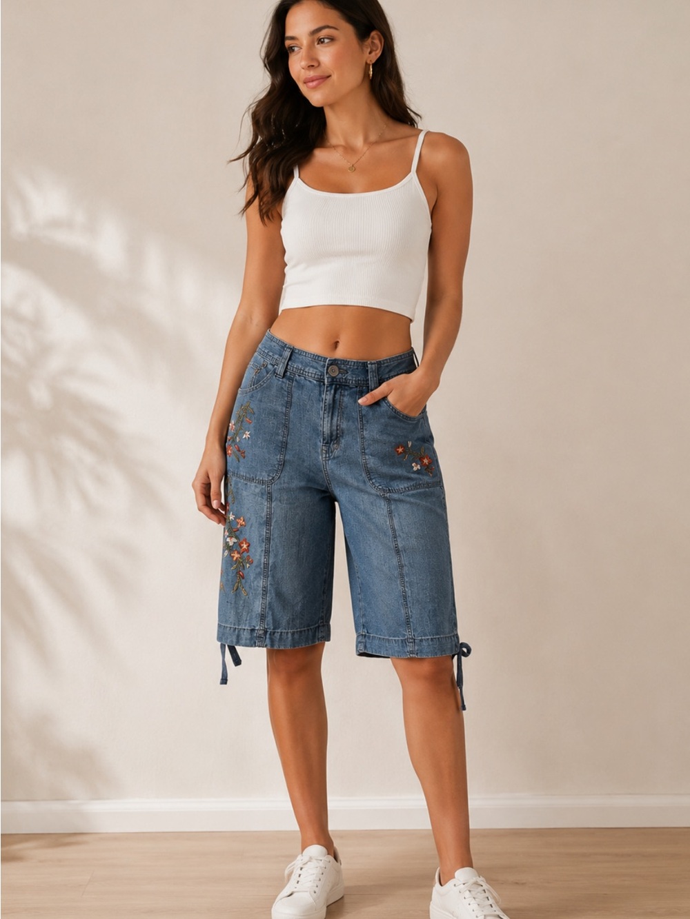 St. John Light Blue Embroidered Denim Bermuda Shorts # 100